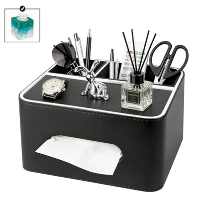 PU Leather Tissue Box Cover Square, Multifunctional Holder with Storage | Fits 120-Count (3-Ply) & 160-Count (2-Ply) Cube Tissues, Remote Control Organizer for Bedroom Desk Living Room (Black) - color: Black