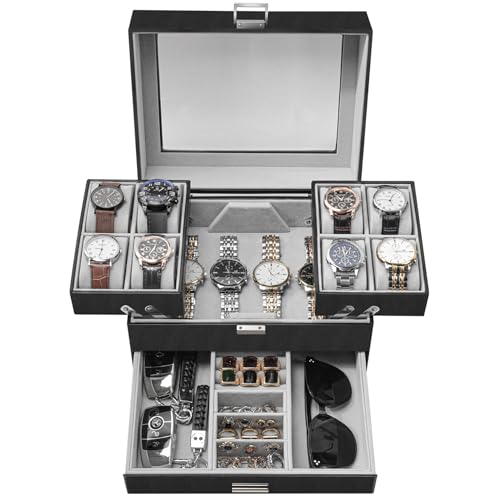 Watch Box, Watch Case for Men, 8 Slot Watch Display Case, 3 Layers Large Sunglass Storage Organizer for Watch, Ring, Jewelry, Gift Idea, PU Leather (Black) - color: Black + Grey