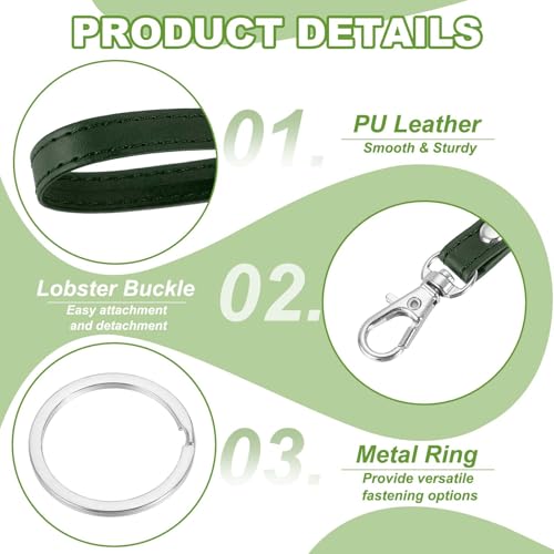 Wristlet Strap PU Leather Keychain Wristlet Lanyard Hand Strap Replacement with Rings Fit for Wallet Purse - color: Green/Silver