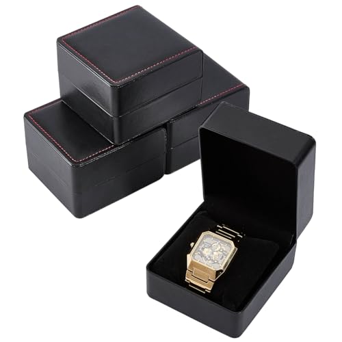 BENECREAT 4 Packs PU Leather Watch Case,3.9x4.3x2.8 Inch Single Watch Package Box Gift Case with Removable Pillow Inside for Men & Women,Black - color: Black