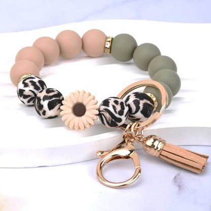 BAOSIWA Silicone Beaded Keychain Wristlet Key Ring Bracelet Cute Car Key Chain Holder for Women Girls - color: Daisy Leopard