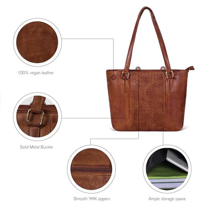 Genuine Leather Purse For Women - Tote Shoulder Handbag - Work & Casual Bag - color: Tan Medium Weaving