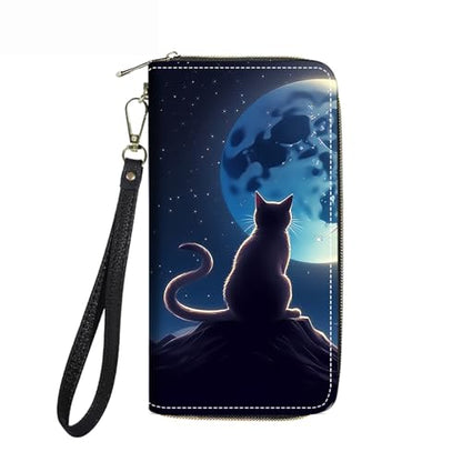Women's Large Capacity Wallet PU Leather Zip Around Clutch Purse Multifunctional Wallet with Removable Wristlet Strap for Smart Phone/Coin/Card/Cash, Cartoon Cat Under The Moon - color: Cartoon Cat Under The Moon, size: One Zippers