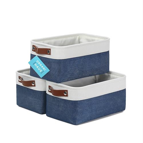 OrganiHaus 12x8in Canvas Storage Baskets, 3 Pack - Fabric Bins for Shelves | Vegan leather handles; a decorative pantry and office organizer, container for desk and books - color: Navy Blue / Off-White, size: Small - 3pc