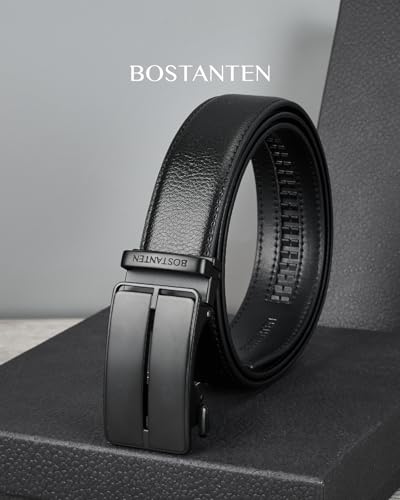 BOSTANTEN Ratchet Belts for Men Leather Trim to Fit 1 3/8“ Gift Boxed | Micro-Adjustable Buckle, Smooth Sliding, Customizable Fit, Holeless, Dress and Casual - color: 022 - Black, size: 28"-34" Waist Adjustable