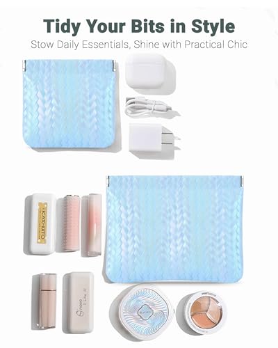 2 Pack Holographic Woven Cosmetic Pouch PU Leather Snap Closure | 7x5.5 & 4.5x4.5 or Large 7x5.5 Inch, Travel Daily Use, Coin Lipstick Holder, Purse Organizer, Stain-Resistant, 5 Colors - color: holographic Blue