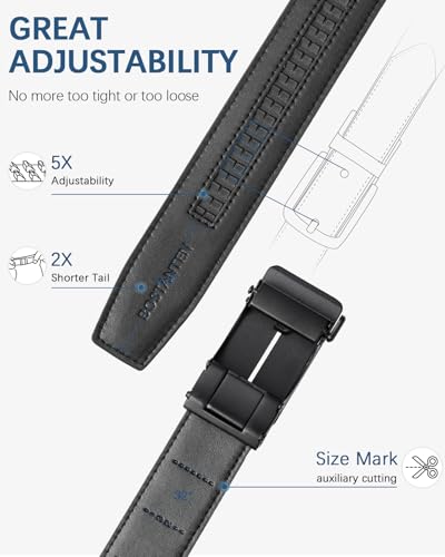 BOSTANTEN Ratchet Belts for Men Leather Trim to Fit 1 3/8“ Gift Boxed | Micro-Adjustable Buckle, Smooth Sliding, Customizable Fit, Holeless, Dress and Casual - color: 022 - Black, size: 28"-34" Waist Adjustable