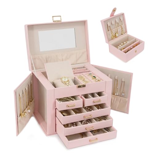 Jewelry Box with Travel Case, PU Leather 5-Layer Jewelry Organizer with Mirror & Lock, Velvet Lining Jewelry Storage for Women, Dresser Top Portable Jewelry Case, Gift for Women (Pink) - color: Pink
