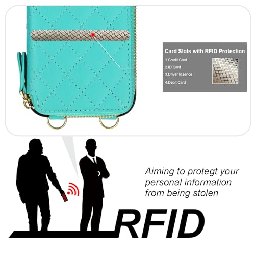Bocasal Crossbody Wallet Case Card Holder for iPhone 16 Pro, Mint Green | RFID Blocking PU Leather Zipper Handbag Purse, Kickstand Flip Folio Case with Card Slots Holder Wrist Strap Lanyard 6.3 Inch - color: Green