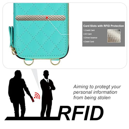 Bocasal Crossbody Wallet Case Card Holder for iPhone 16 Pro, Mint Green | RFID Blocking PU Leather Zipper Handbag Purse, Kickstand Flip Folio Case with Card Slots Holder Wrist Strap Lanyard 6.3 Inch - color: Green