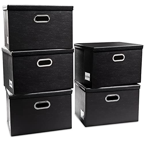 Foldable Storage Bins with Lids [5-Pack] Leather Fabric Collapsible Storage Boxes Organizer Containers Baskets Cube with Cover for Bedroom Closet Office Nursery Black (14.9x10.8x10) - color: Black, size: Medium(5-Pack)