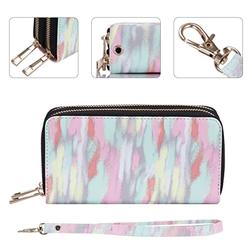 XEYOU Double Zipper Long Clutch Wallet Cellphone Wallet for Women with Removable Wristlet Strap for Credit Card, Cash, Coin, Bill - color: Pink+green+yellow