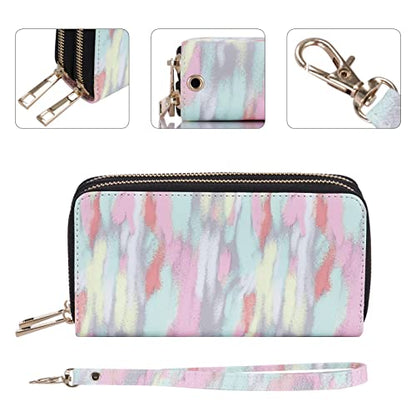 XEYOU Double Zipper Long Clutch Wallet Cellphone Wallet for Women with Removable Wristlet Strap for Credit Card, Cash, Coin, Bill - color: Pink+green+yellow