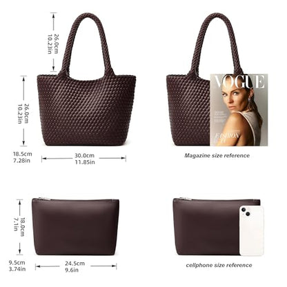 BOYATU Woven Tote Bag for Women: Vegan Leather Purse for Weekend Travel | Large Tote with Removable Zipper Pouch, Detachable Clutch Quick Access - Designer Bag for Summer Beach Vacation Daily Use - color: A7 Large Coffee