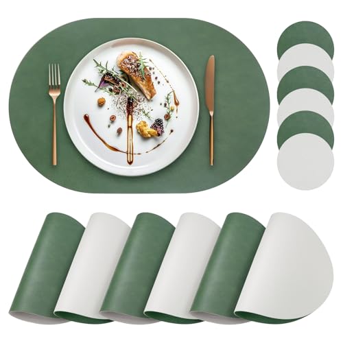 Faux Leather Placemats Set of 6 with Matching Coasters, Heat Resistant PU Oval Placemats, Waterproof Wipeable Washable Place Mats, Non-Slip Table Placemats for Dining Table Kitchen Patio - color: Green-grey, size: Set of 6