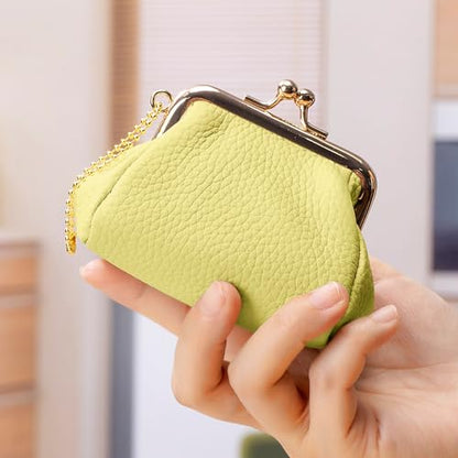 Leather Kiss Lock Coin Purse, Lemon Yellow - color: Lemon Yellow