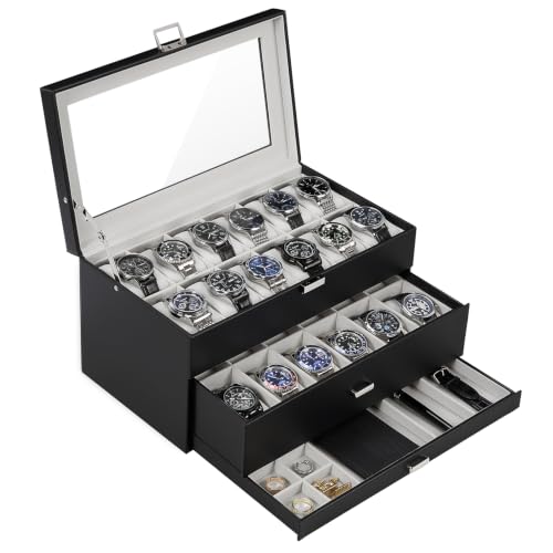 ProCase 3-Layer Watch Box with Glass Lid for Men, 24-Slot, Black | PU Outer, Velvet Lining, Jewelry Storage Organizer with Drawer, for Straps Cufflinks Rings, Gift for Men Father Dad Husband - color: Black, size: 24-Slot