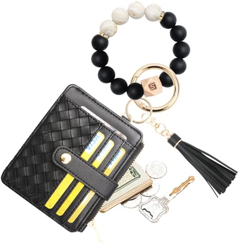 COOLANS Silicone Bracelet Wristlet Wallet Credit Card Holder RFID ID Window Key Ring Tassel Slim Wallet Women Keychain Purse - color: 블랙 실리콘 비즈 팔찌+카드 지갑