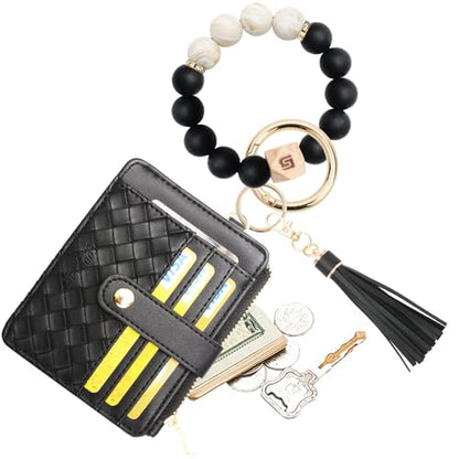 COOLANS Silicone Bracelet Wristlet Wallet Credit Card Holder RFID ID Window Key Ring Tassel Slim Wallet Women Keychain Purse - color: 블랙 실리콘 비즈 팔찌+카드 지갑