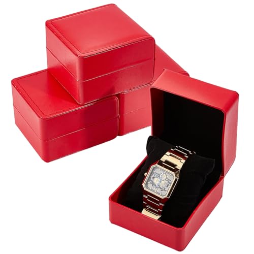 BENECREAT 4 Packs PU Leather Watch Case,3.9x4.3x2.8 Inch Single Watch Package Box Gift Case with Removable Pillow Inside for Men & Women,Red - color: Red