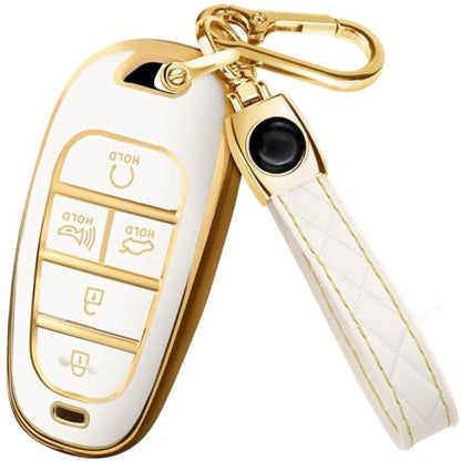 Lucrum Compatible with Hyundai Key Fob Cover & Keychain | Fits Santa Fe, Sonata, Tucson, Grandeur, Ioniq 5, Palisade, Nexo - For 5 Button Remote (2019-2025) - White and Gold - color: White, style: 5 Buttons_1