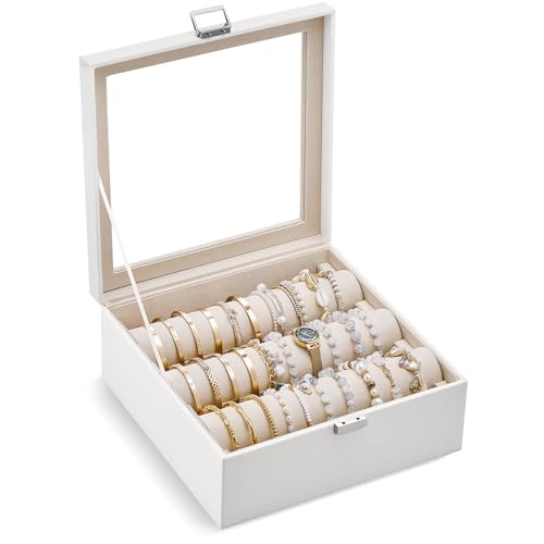 Lolalet Bracelet Display Holder with Clear Lid -White | Jewelry Organizer with 3 Velvet Display Rods, Perfect Storage Case for Bangles, Bracelets, and Watches, Great Gift for Her - color: White, size: 3 Rolls