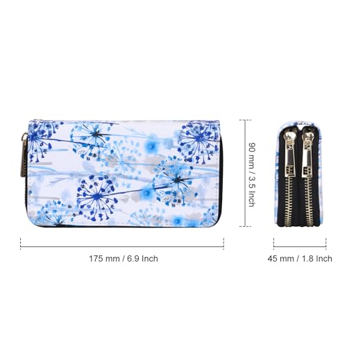 XEYOU Double Zipper Long Clutch Wallet Cellphone Wallet for Women with Removable Wristlet Strap for Credit Card, Cash, Coin, Bill - color: Blue Dandelion