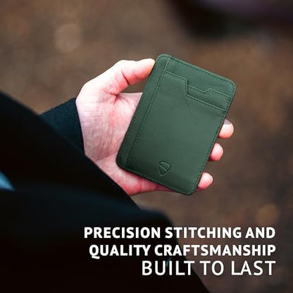 Vaultskin BRIXTON Slim Top-Grain Leather Card Wallet with ID Window, RFID | Small thin minimalist front pocket credit and cash holder case for men, women and ladies, scan-proof blocking, everyday carry - color: Hunter Green