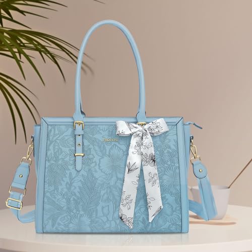 MOSISO Laptop Bag for Women, 15.6-16 inch PU Leather Tote Bag | Compatible with MacBook, HP,Dell,Asus, Front Embossed Retro Hibiscus Computer Bags with Silk Scarf&Clutch Purse, Air Blue - color: Air Blue, size: 16 inch