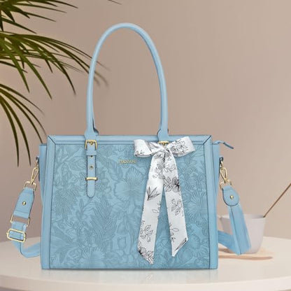 MOSISO Laptop Bag for Women, 15.6-16 inch PU Leather Tote Bag | Compatible with MacBook, HP,Dell,Asus, Front Embossed Retro Hibiscus Computer Bags with Silk Scarf&Clutch Purse, Air Blue - color: Air Blue, size: 16 inch