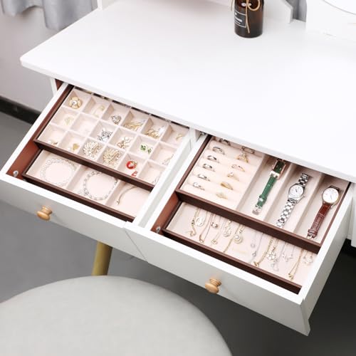 LANDICI 4-Piece Stackable PU Leather Jewelry Organizer Trays, Coffee | Four stackable PU leather trays with flannel lining, ring rolls, necklace hooks and removable dividers for customized storage - color: Coffee