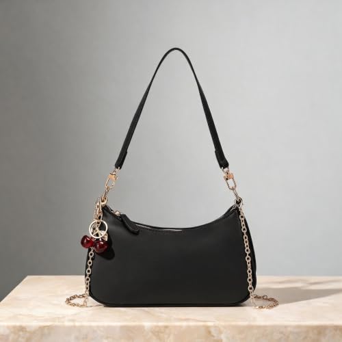 Dreubea Women's Leather Minimalist Crossbody Top Handle Underarm Shoulder Bag with Charm - color: Black