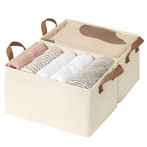 StorageWorks Closet Storage Bins, Shelves Baskets, Beige, 2-Pack | With Reinforced PU Handles, Sturdy Metal Frame, Collapsible, Basket for Shelves, Closet, Holds Clothes, Towels, Blankets - color: Beige（Texture）, size: 14 ¾" L x 10 ¼" W x 8 ¼" H