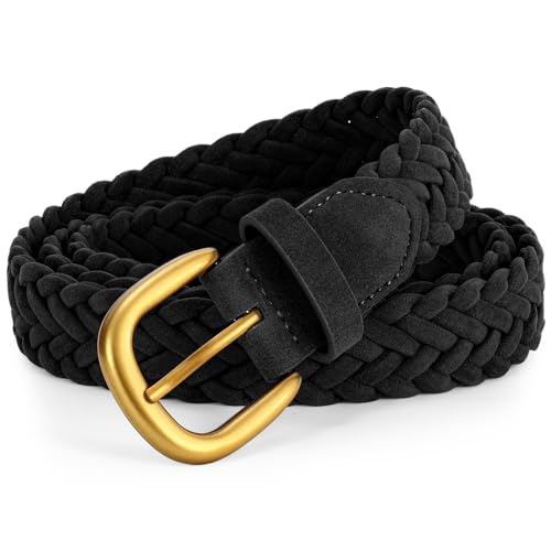 XZQTIVE Women’s Braided Suede Belt – Adjustable Woven Waist Belt with Gold Buckle for Dresses, Jeans & Casual Outfits - color: Black, size: Small: fits waist from 28"-33"