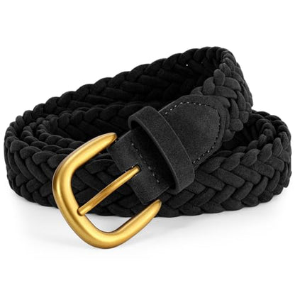 XZQTIVE Women’s Braided Suede Belt – Adjustable Woven Waist Belt with Gold Buckle for Dresses, Jeans & Casual Outfits - color: Black, size: Small: fits waist from 28"-33"