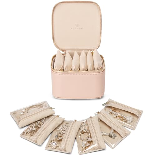 VLANDO Jewelry Boxes for Women with 6 Clear Velvet Zipper Pouches,Khaki | Travel Essentials,Transparent Bags,Rings,Necklaces Storage,Carry-On Packing Women,Girl,Birthday,Wedding Gift - color: B.6PCS Khaki