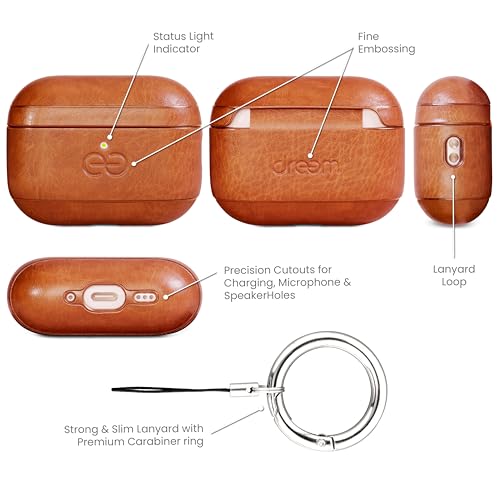 Dreem Real Leather AirPods Pro 3 Case Cover, Keychain Carabiner Clip, for Apple AirPods Pro 3 Case, Leather + Protective Hard Plastic Shell, MagSafe OK, with Reveal Motion Effect [Om:Caramel] - color: *Real Leather* Caramel, size: AirPods Pro 3