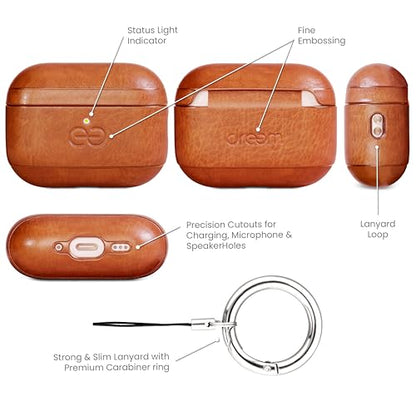 Dreem Real Leather AirPods Pro 3 Case Cover, Keychain Carabiner Clip, for Apple AirPods Pro 3 Case, Leather + Protective Hard Plastic Shell, MagSafe OK, with Reveal Motion Effect [Om:Caramel] - color: *Real Leather* Caramel, size: AirPods Pro 3