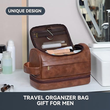 Toiletry Bag for Men,Large Leather Travel Pouch Bag with Hanging hook - color: Dark Brown