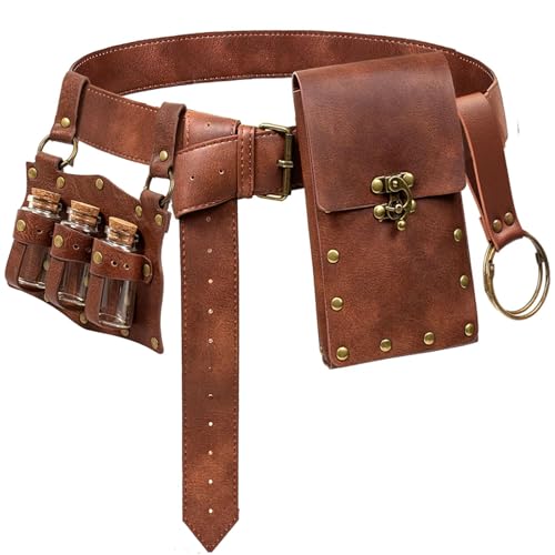 Belt Pouch Waist Bag Fanny Pack Steampunk Phone Holder Medieval Bag Leather Belt Renaissance Cosplay Costume Accessories (3Bottle-New/Brown) - color: 3Bottle-New/Brown