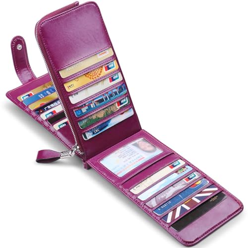 Women's Genuine Leather Credit Card Holder RFID Long Zipper Purse Wallet - color: Purple