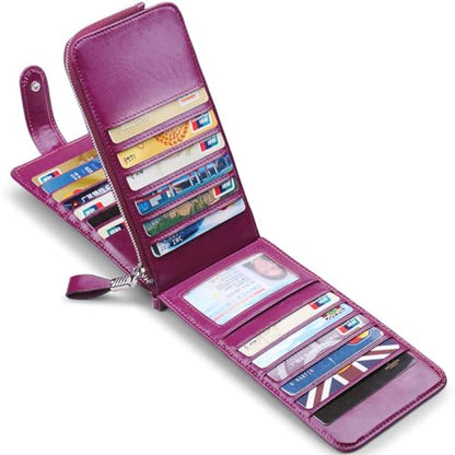 Women's Genuine Leather Credit Card Holder RFID Long Zipper Purse Wallet - color: Purple
