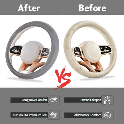 NBTEPEM 6 PCS Nappa Microfiber Leather Grey Steering Wheel Cover Set, Breathable Fabric Cooling Steering Wheel Cover 14.5-15inch Universal, Car Center Console Cover, Seat Belt Cushion, Cup Coaster - color: Grey