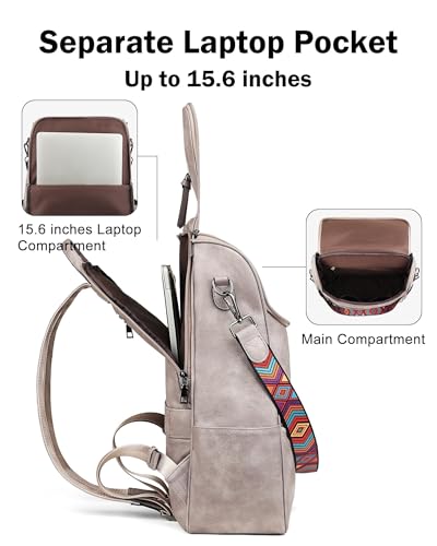 FADEON Laptop Backpack for Women, Vegan Leather 15.6 inch Computer bag | Waterproof Backpack Fits 13 14 inch, Padded Sleeve, Designer Water Bottle Pockets, Luggage Strap for Travel Work School - color: Grey Retro Style