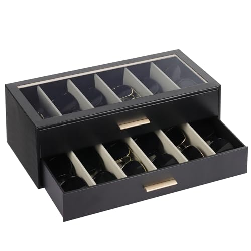 AUTORK PU Leather Sunglasses Organizer Case,2-Layer 12 SlotBlack,MKAWA01 | Glass Top,With Lock,With Drawer,Jewelry Storage Holder,for Men Women,Ideal Gift for Desktop - color: Black