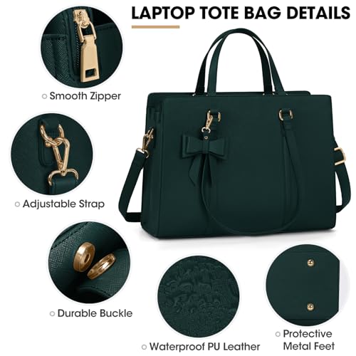 NUBILY Laptop Bag for Women 15.6 inch Leather Work Tote Bag | Waterproof Computer Bag with Bow Large Briefcase with Multi-Pockets Handbag Purse for Business Office Commuting Dark Green - color: Dark Green
