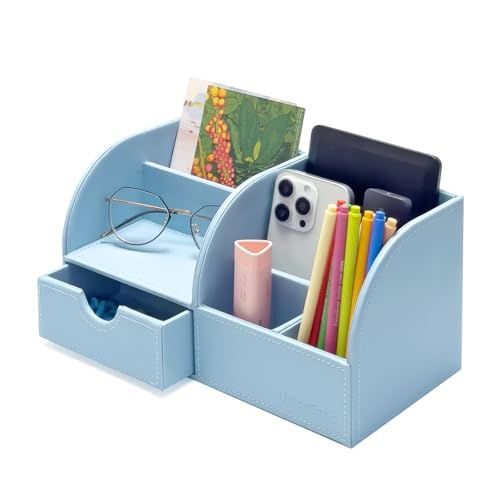 UnionBasic Desk Organizer - Multifunctional Leather Desktop Pen Holder Storage Box - Business Card/Pen/Pencil/Mobile Phone/Stationery Holder, Blue - color: Blue