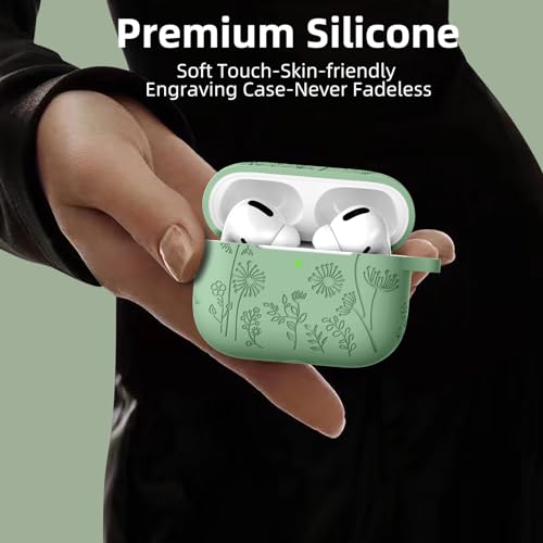 Lerobo for AirPods Pro 2 Case, Soft Silicone Cover with Keychain for Women | Engraved Flower, Scratch & Dust Resistant, LED Visible, Shockproof, Compatible with Apple AirPods Pro Case Cover, Grass Green - color: Grass Green