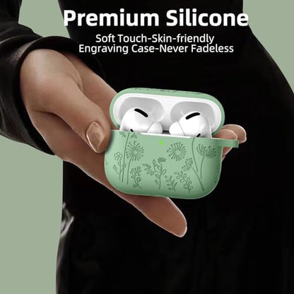 Lerobo for AirPods Pro 2 Case, Soft Silicone Cover with Keychain for Women | Engraved Flower, Scratch & Dust Resistant, LED Visible, Shockproof, Compatible with Apple AirPods Pro Case Cover, Grass Green - color: Grass Green