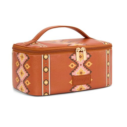Wrangler Travel Makeup Bag 2pcs Set Cosmetic Bag with Makeup Brush Holder | Portable Make Up Organizer,Large Toiletry Bag with Divider and Handle for Women - color: Aztec-Brown